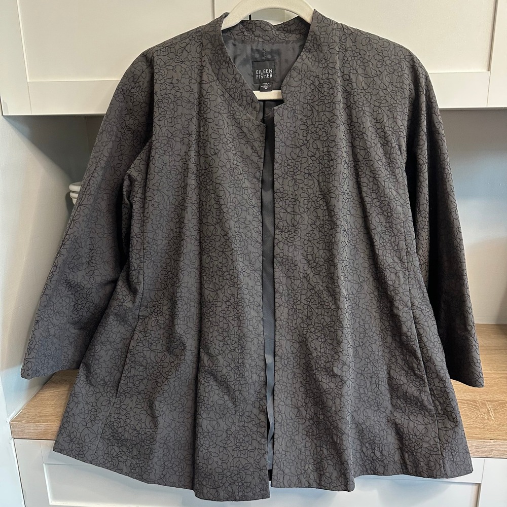 Eileen Fisher Jacquard Jacket‎ Womens M Floral Textured Open Front Cotton Blend